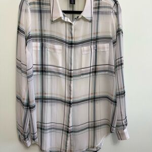 White House Black Market Women’s Blouse White Plaid Sheer Button Up size 10
